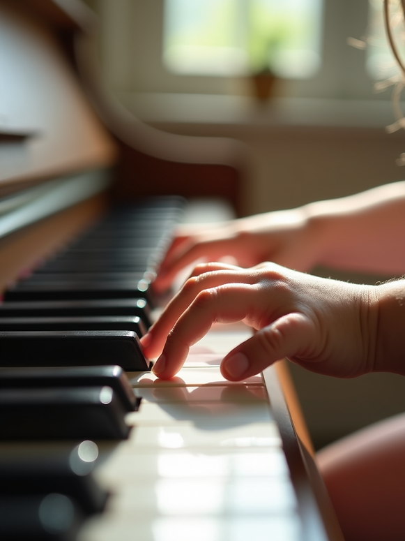 A child's hands gracefully exploring piano keys, bathed in soft, natural daylight, focusin