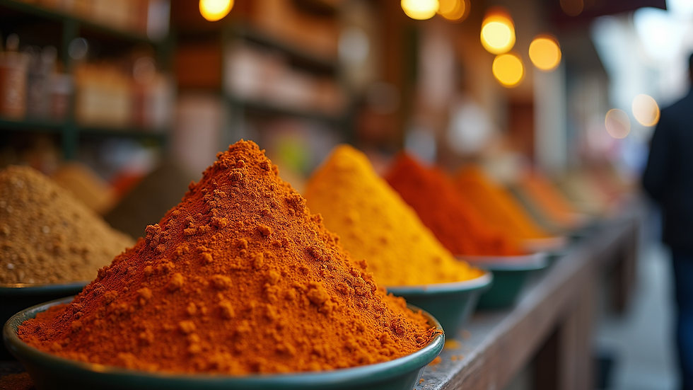Eye-level view of a spice market displaying various spices