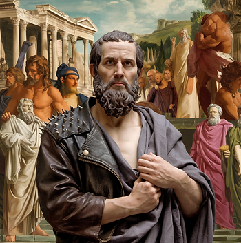 Socrate che indossa un giubbotto di pelle
