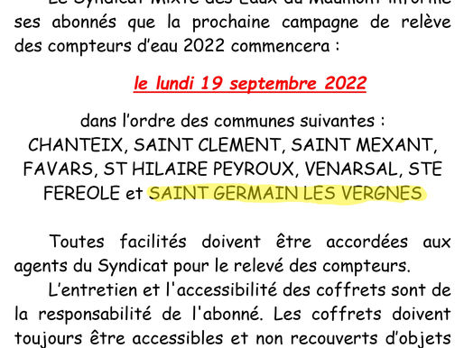 RELEVÉ DES COMPTEURS D'EAU À PARTIR DU 19/09/2022