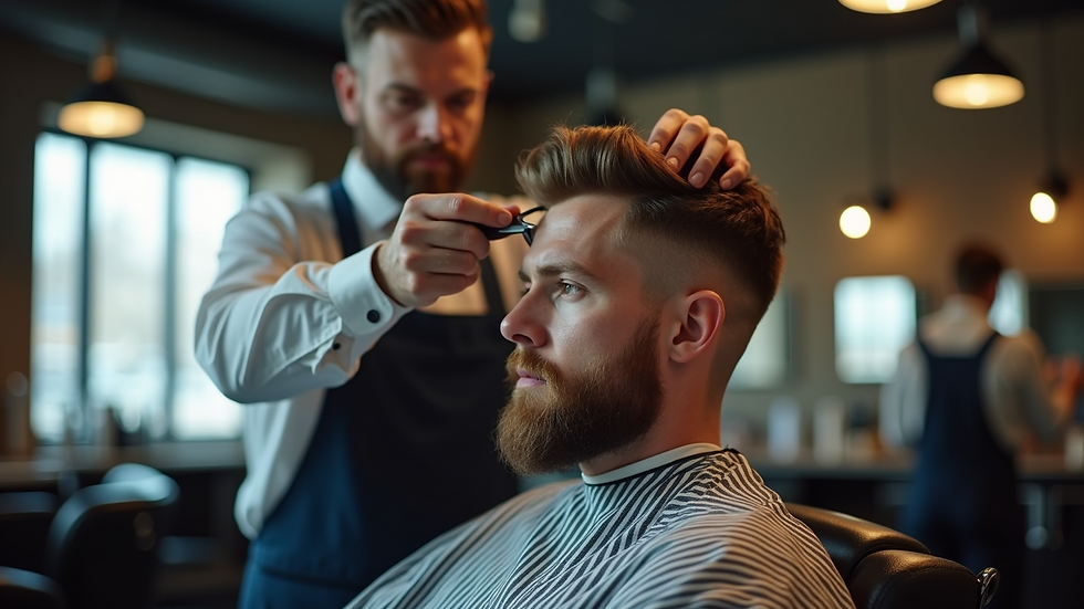 Eye-level view of a barber cutting a man's hair in a modern salon
