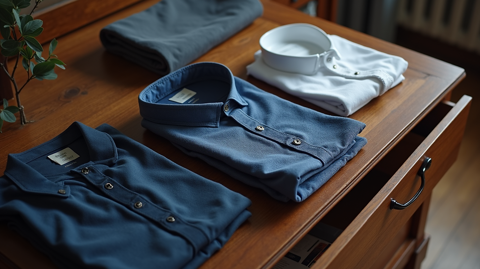 High angle view of neatly folded men's clothing and grooming kit on a dresser