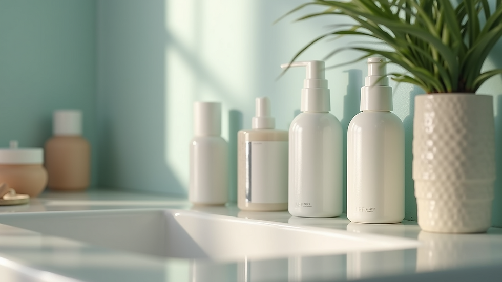 Close-up view of skincare products lined up on a bathroom counter