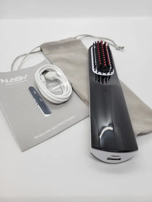 cordless heated beard brush with travel bag, charging cable and instruction
