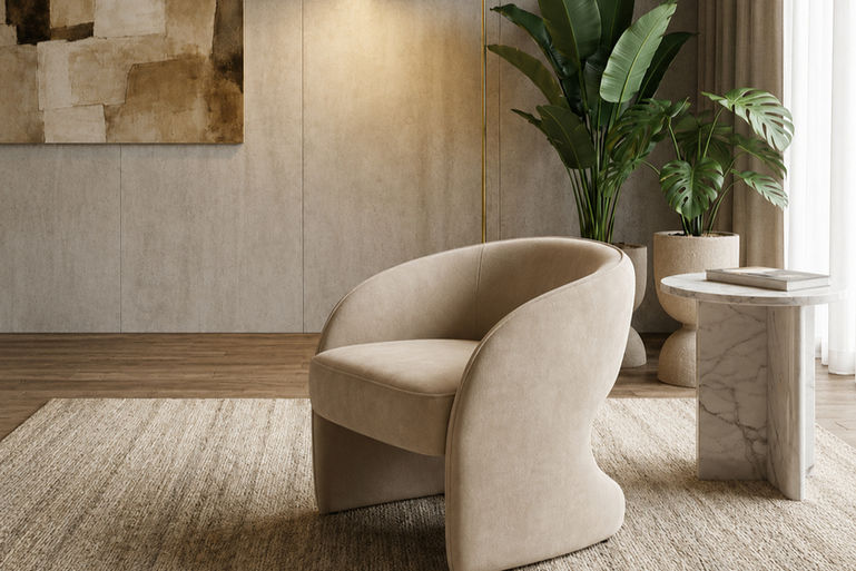 A custom-made armchair with flowing organic contours and an ergonomic, enveloping structure upholstered in silk fabric.