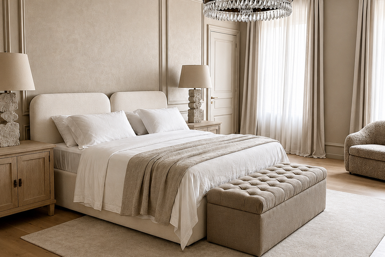 A Jewish bed with a personal design, separated into two single, independent beds with a soft, rounded headboard.