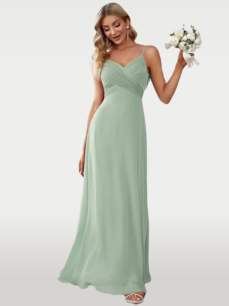 A photo of a model wearing a A-line evening dress made from flowing chiffon with a v-neckline, short sleeves, a