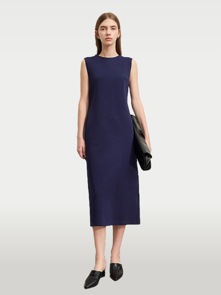 Sleeveless Dress a-Line Midi O-Neck Tank Minimalist Poly Blend Casual Party