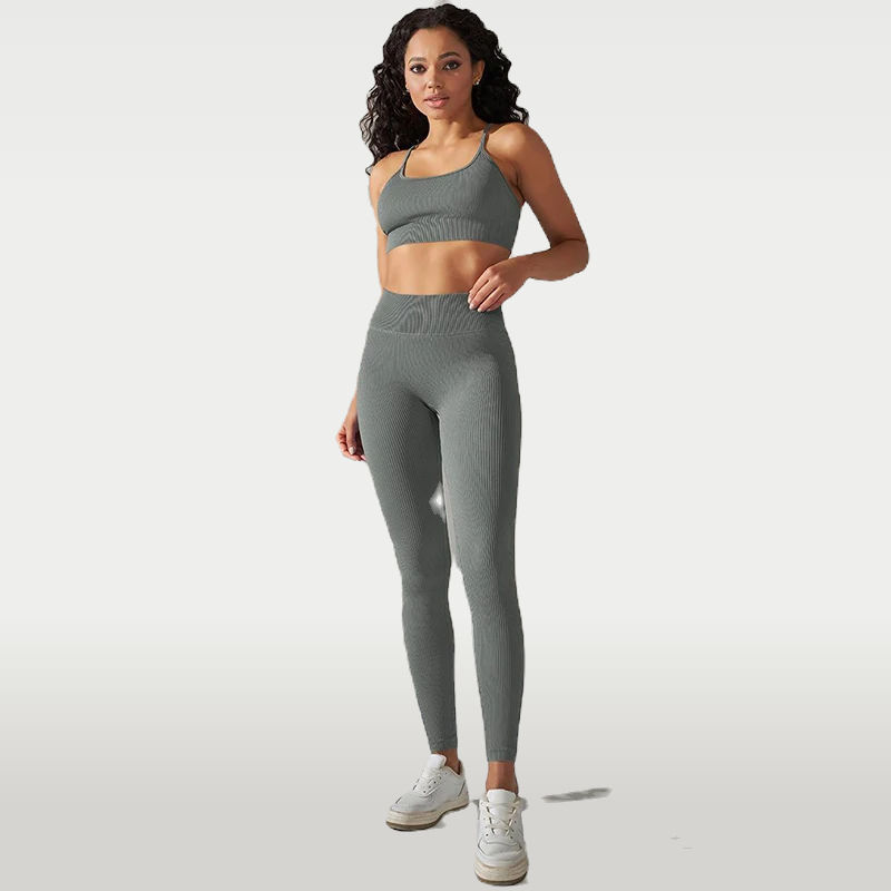 Cusuti Seamless Ribbed Yoga Set | 2 Piece Workout Set | Gym Leggings and Sports Bra
