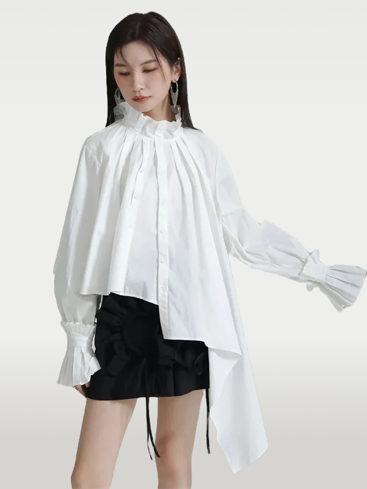 Women White Pleated Irregular Big Size Blouse New Stand Collar Long Sleeve Shir for Women White Pleated Irregular Big Size Blouse New Stand Collar Long Sleeve Shir view 1