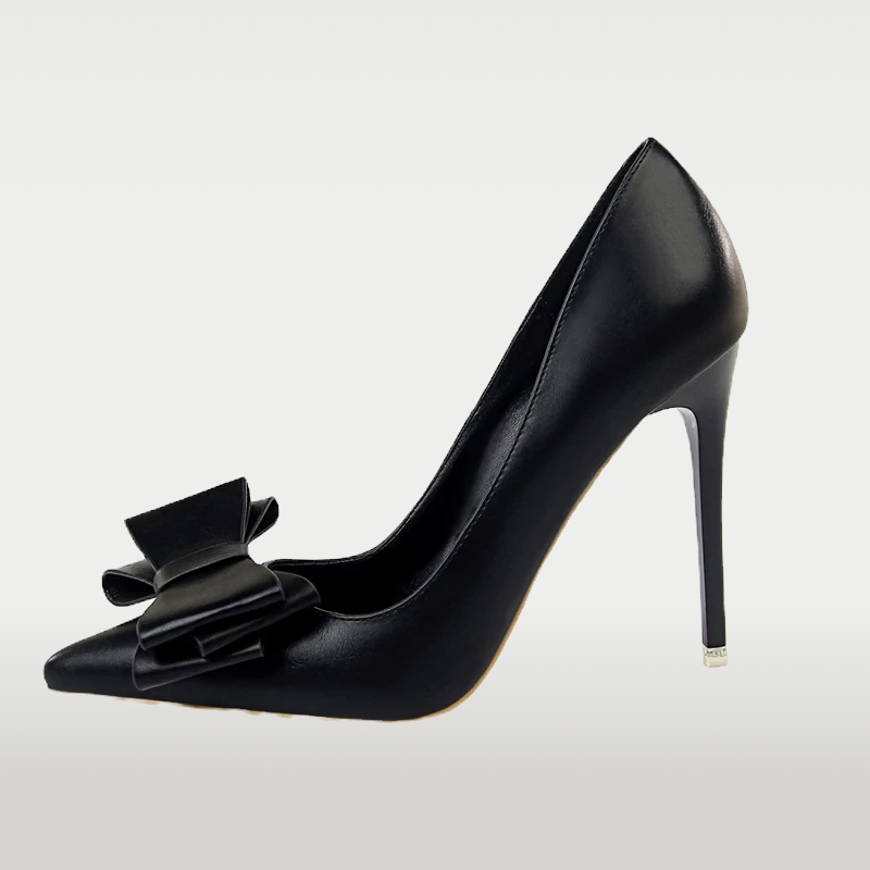 Black Classic Pointed Toe Pumps Super High Heel Butterfly knot Slip on PU for Black Classic Pointed Toe Pumps Super High Heel Butterfly knot Slip on PU view 2