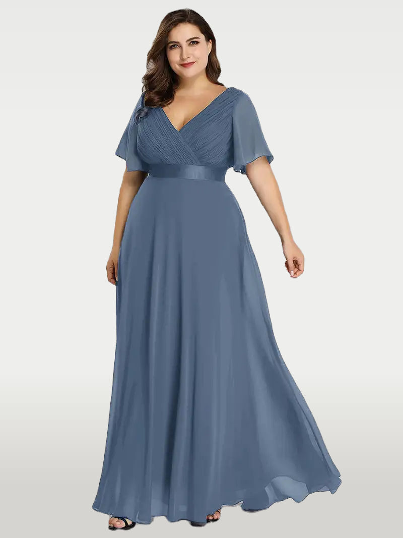 A-line silhouette and a floor-length skirt. The dress has short regular sleeves. Cusuti evening dress.
