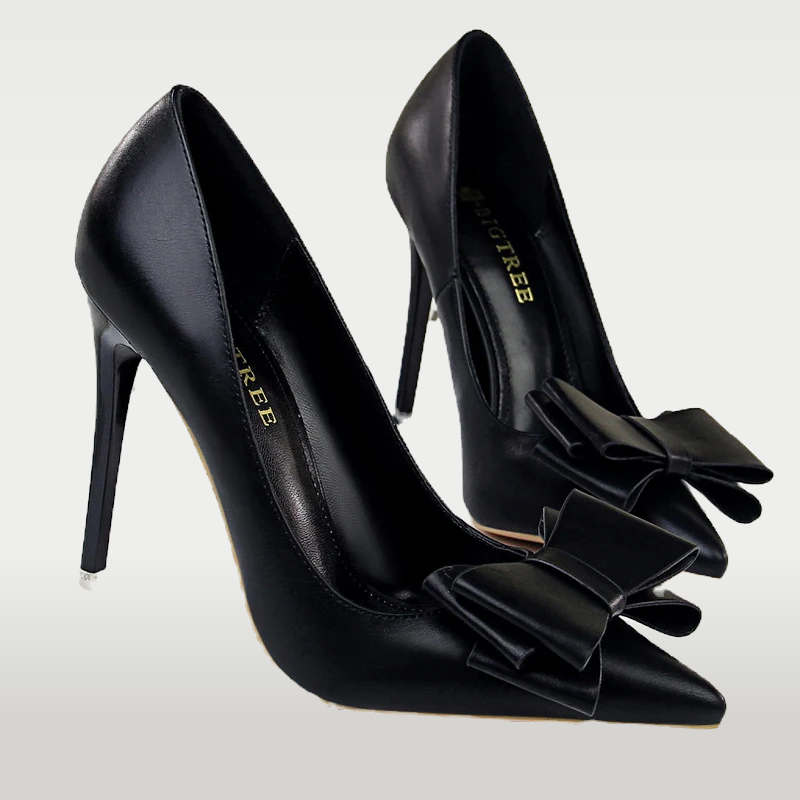 Black Classic Pointed Toe Pumps Super High Heel Butterfly knot Slip on PU for Black Classic Pointed Toe Pumps Super High Heel Butterfly knot Slip on PU view 1