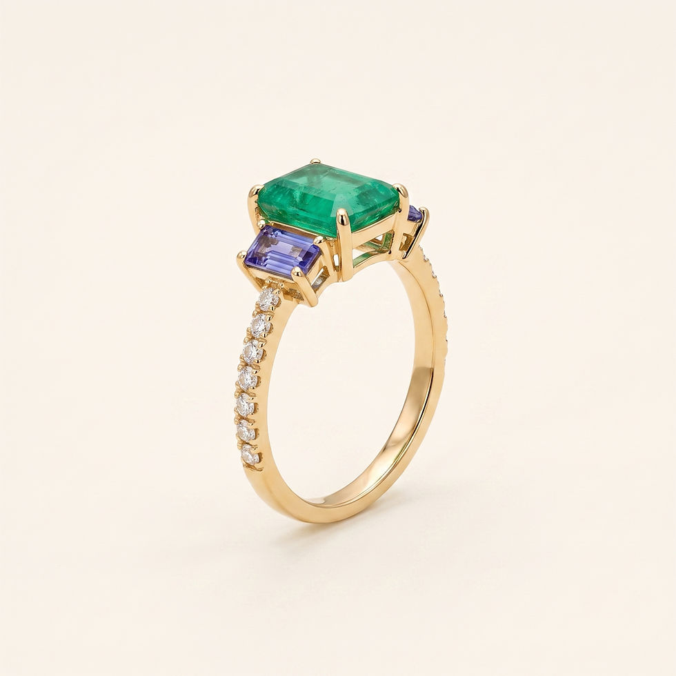 Emerald Tanzanite & Moissanite Three Stone Ring