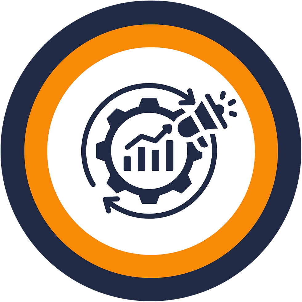 Marketing automation graphic within the blue, orange and white circles of MannagementXP Ltd's corporate logo.