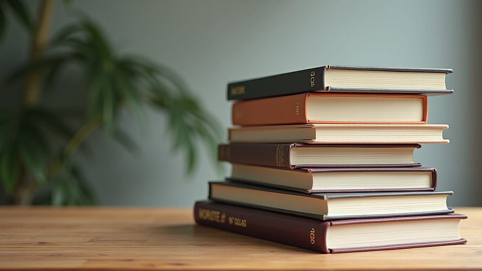 Close-up view of a stack of trending books on a wooden table