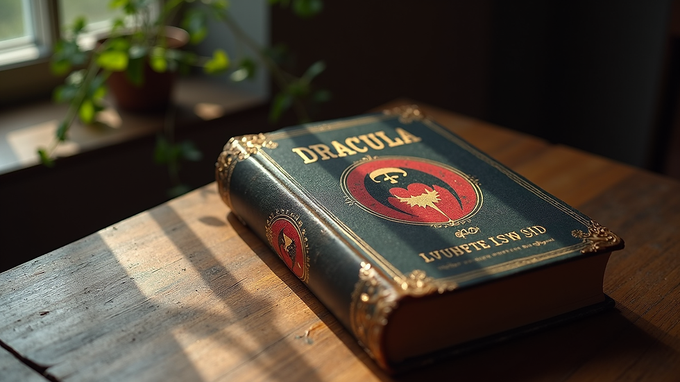 Close-up view of a vintage hardcover Dracula book on a wooden table