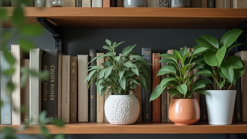 Close-up view of a neatly arranged bookshelf with decorative plants