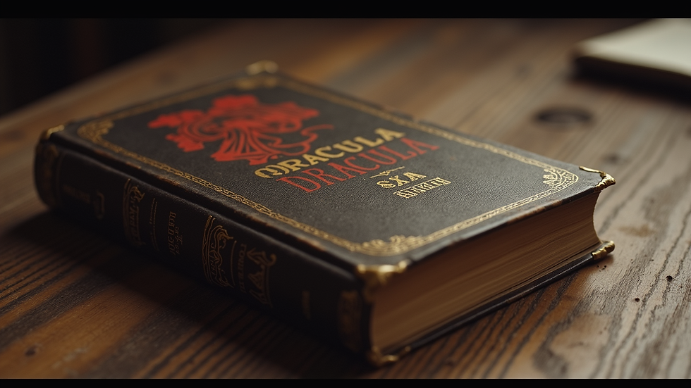Close-up view of a vintage hardcover Dracula novel on a wooden table