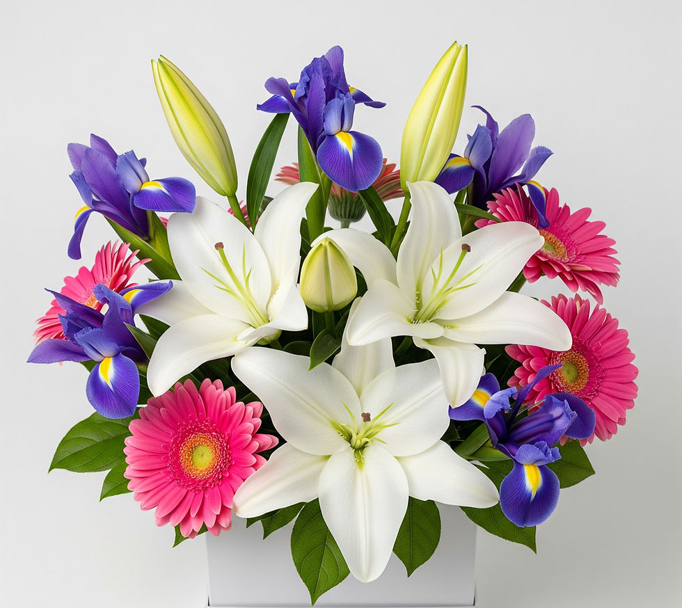 Thumbnail: Tranquility Colourful flower boxed arrangements lily iris gerbera