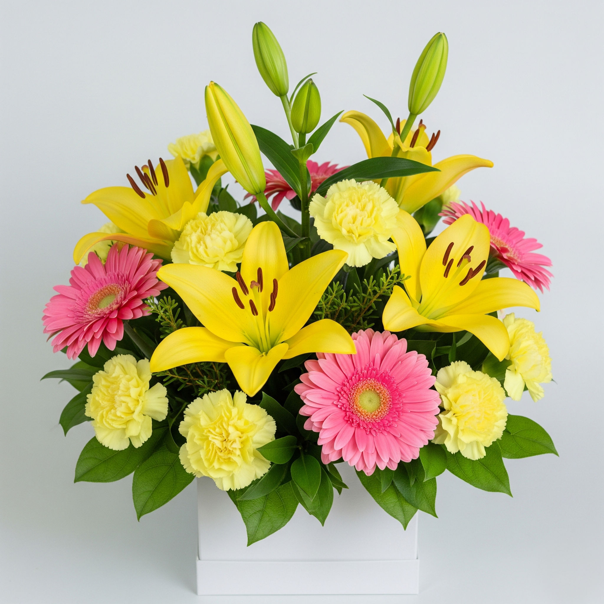 spring morning flower arrangement yellow pink pastels lilies gerberas carnations