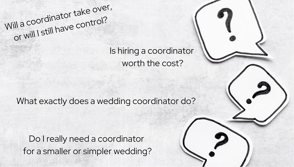 The image features four common questions that couples may have when considering a wedding coordinator. The questions are displayed in black text on a light, textured background. Speech bubble graphics containing question marks are placed to the right side of the image, giving it a conversational and engaging look. The questions are: "Will a coordinator take over, or will I still have control?" "Is hiring a coordinator worth the cost?" "What exactly does a wedding coordinator do?" "Do I really need a coordinator for a smaller or simpler wedding?"