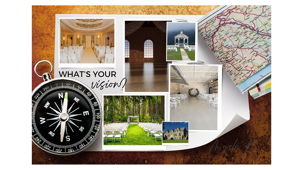 A collage of wedding venue images featuring different settings, including a luxurious ballroom, rustic loft with arched windows, outdoor gazebo, industrial-style hall, forest ceremony space, and a historic estate. A compass and a folded map are layered on the collage with the text "What's Your Vision?"