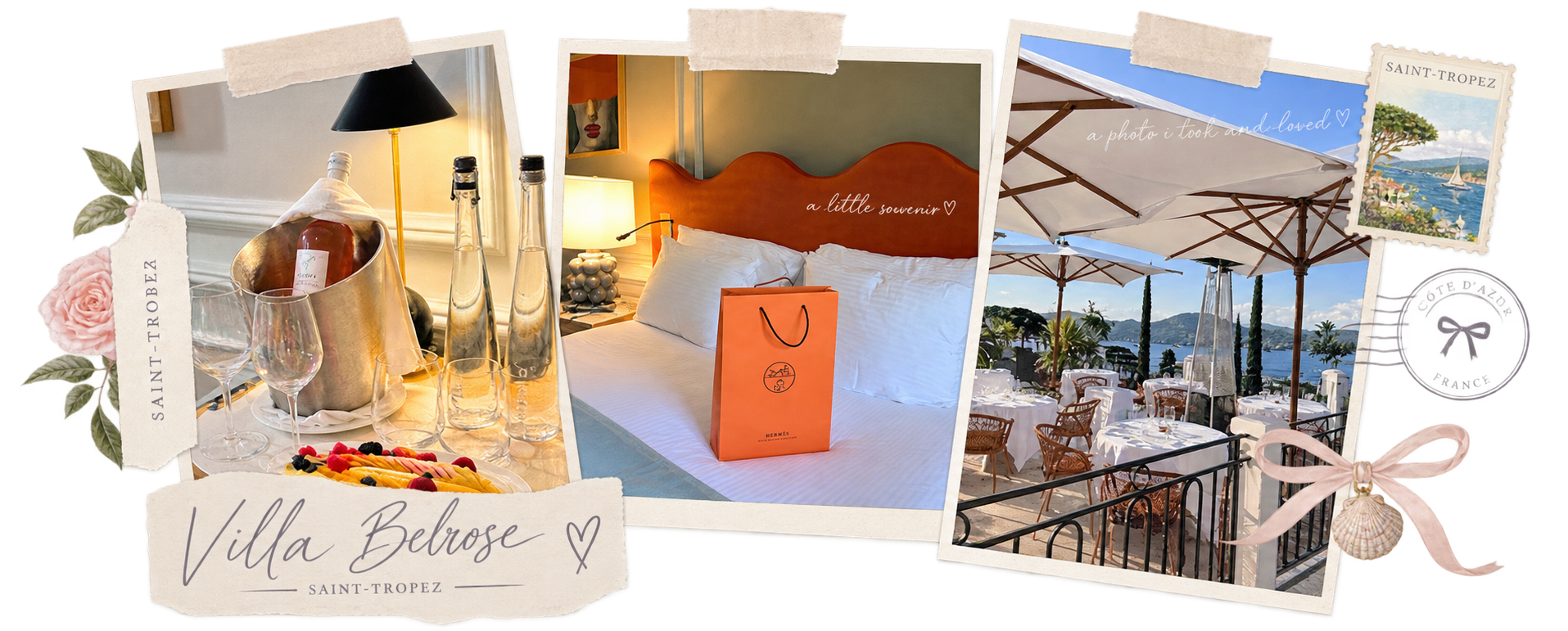 Terrace at Villa Belrose overlooking the Gulf of Saint-Tropez.
Guest room at Villa Belrose with sage green walls and a wavy orange velvet headboard.
Welcome bottle of Villa Belrose rosé and a fruit plate in the room
