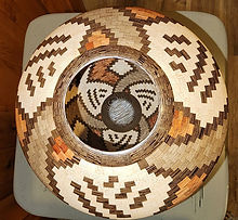 Top view of a woven basket with geometric patterns.
