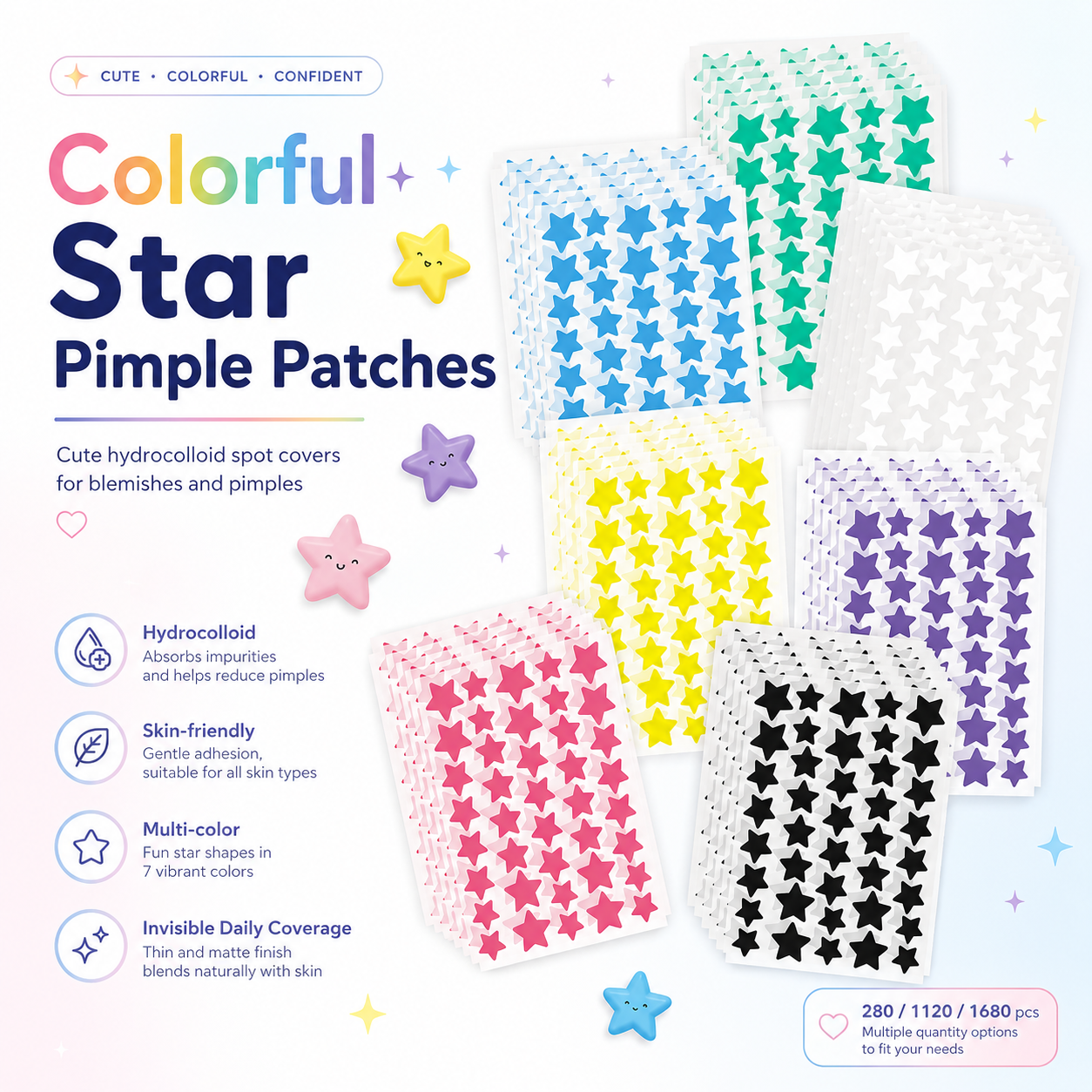 280/1120/1680pcs Seven-Color Star Pimple Patches – Invisible Hydrocolloid Dots
