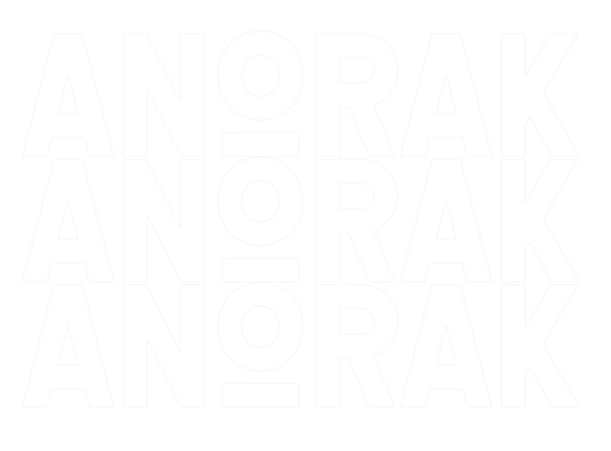 Anorak text stacked three times on black background, clothing brand logo design.