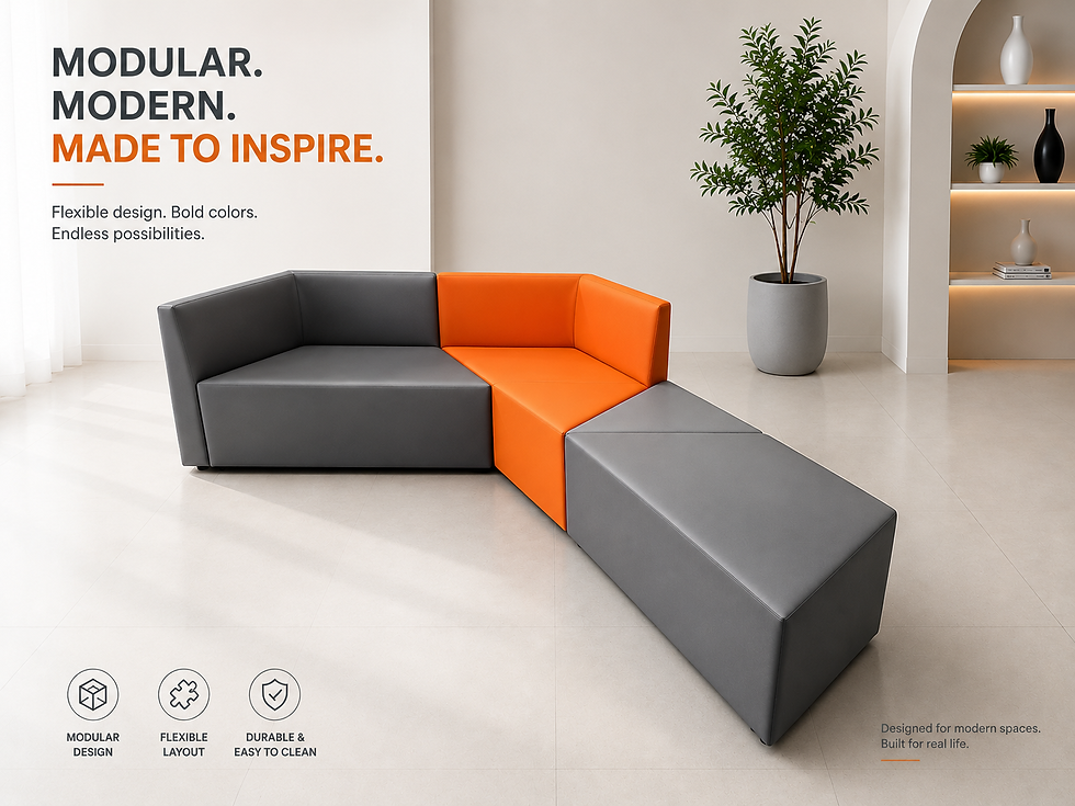 Eye-level view of a modern modular sofa set arranged in an office lounge