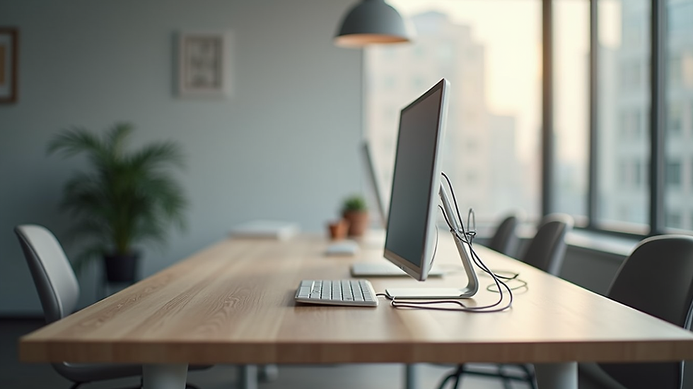 Eye-level view of a minimalist modern desk with cable management features