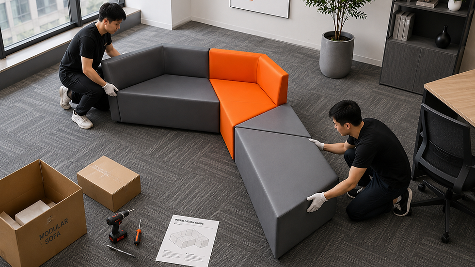 High angle view of a modular sofa being installed in an office space