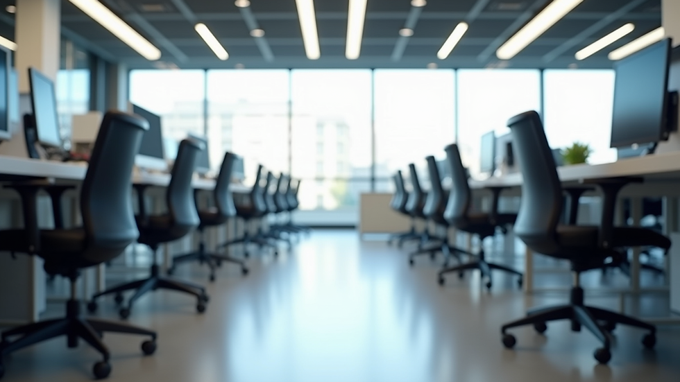 Eye-level view of modern office showroom with ergonomic chairs and desks