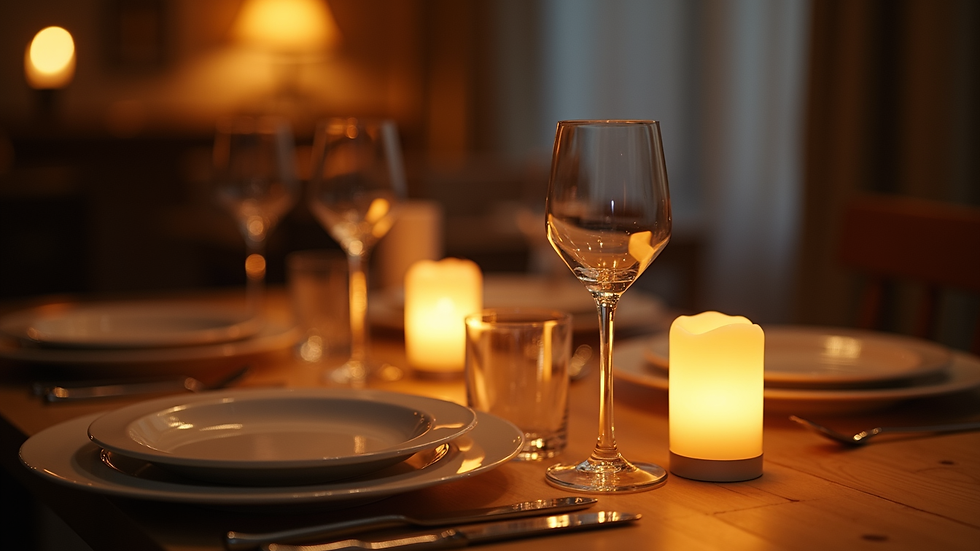 Close-up view of a candlelit dinner table set for two
