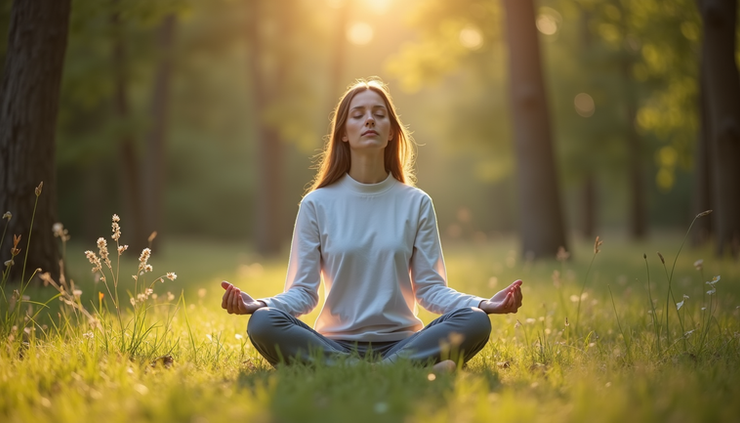 Eye-level view of a person sitting cross-legged outdoors practicing deep breathing