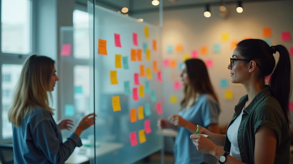 High angle view of a team brainstorming with colourful sticky notes on a glass wall