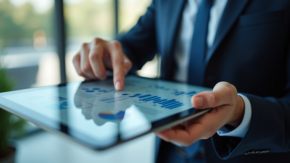 Close-up view of a consultant pointing at a digital tablet with charts