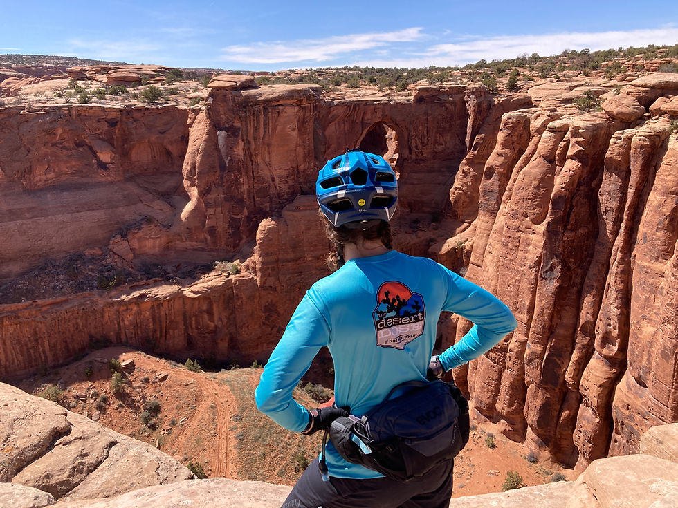 Woman overlooking a red rock canyon landscape in the American Southwest.
