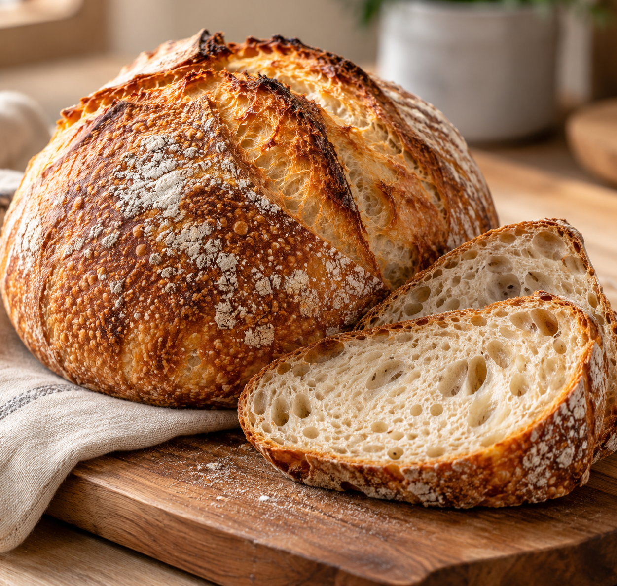 Fresh homemade sourdough loaf with a golden crust and two slices