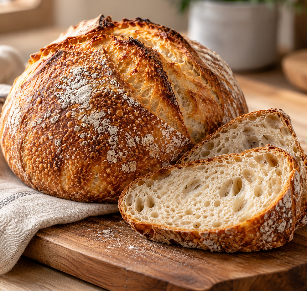 Fresh homemade sourdough loaf with a golden crust and two slices