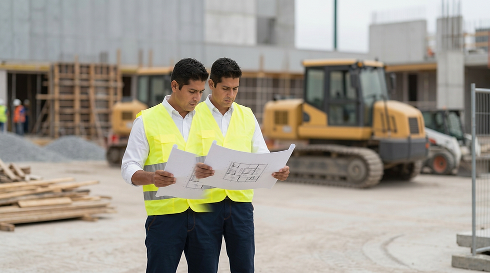 Construction site photography of two men reviewing blueprints. They are wearing high-visibility vests, with heavy machinery in the background.