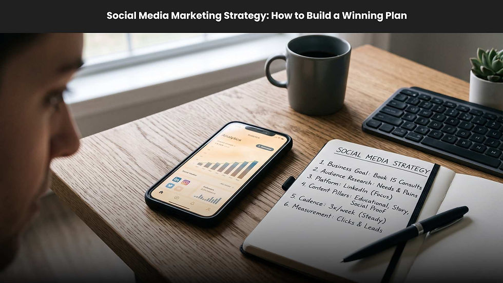 Desk with phone analytics, notebook titled Social Media Strategy, coffee mug and keyboard under banner Social Media Marketing Strategy