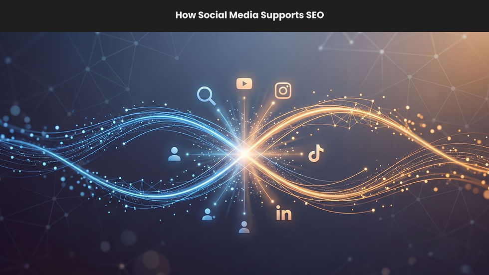 Graphic titled How Social Media Supports SEO with blue and gold network waves, search and social icons on dark background