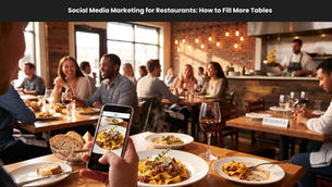 Restaurant diners take a food photo on a phone; plates, wine, and reserved tables in a warm brick dining room. Text: Social Media Marketing for Restaurants