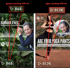 A comparison image by Venture Bite showcasing a before-and-after client success story. The 'before' image shows a podcast episode with Barbara O'Neil on herbal medicine with 843 views. The 'after' image, post Venture Bite's enhancement, shows a dramatic increase to 31.7K views, featuring the same podcast with a more vibrant and engaging thumbnail asking, 'Are your yoga pants dysregulating your hormones?' with an image of a woman in yoga attire.