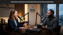 Two podcast hosts record Finance Insights in a modern studio, smiling across microphones, with city view and title banner.