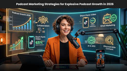 Smiling woman in orange blazer at mic, with futuristic charts on podcast growth in 2026. Keywords: collaboration, short-form video, AI, SEO.