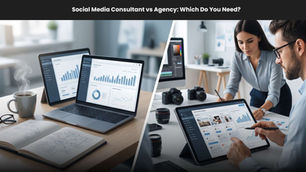 Split-screen office scene comparing social media consultant vs agency, with laptops, charts, and two coworkers planning campaigns